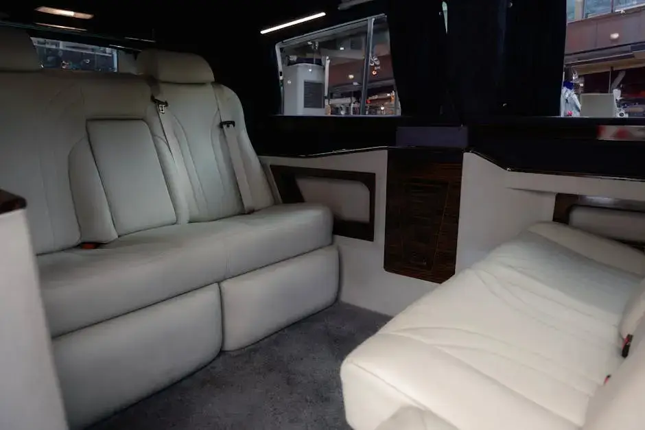 Spacious and elegant Mercedes-Benz van interior featuring modern white leather seats and wood paneling.